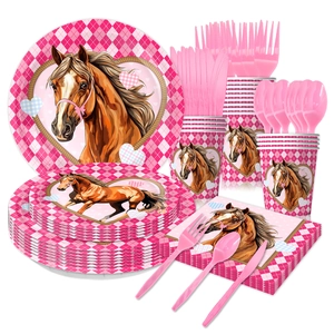 Pink horse themed party tableware set with plates cups napkins and cutlery for girls