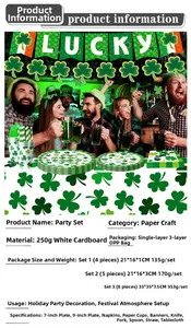 Macro view of St. Patrick's Day party tableware set with green clover patterns and LUCKY banner