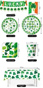 Detailed view of St. Patrick's Day party set including clover plates, cups, and tablecloth