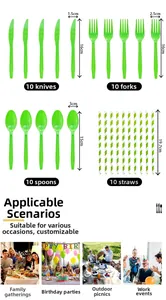 Green disposable plastic cutlery set with knives, forks, spoons, and striped straws