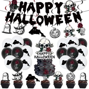 Halloween Party Dekoset mit Skelett-Ballons Bannern und Grusel-Kuchendekorationen