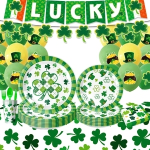 St. Patrick's Day Party Supplies Set Green Shamrock Lucky Paper Plates Napkins Cups Tablecloth Banner Balloons Irish Festival Decor