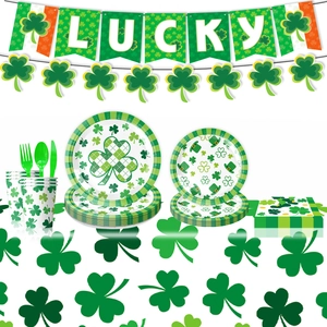 St. Patrick's Day party supplies set with shamrock plates, cups, and Lucky banner
