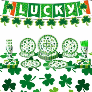St. Patrick's Day party tableware set with shamrock plates, cups, and Lucky banner