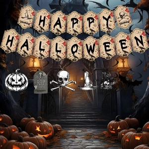 Halloween slinger set van kraftpapier met griezelige decoraties zoals pompoenen