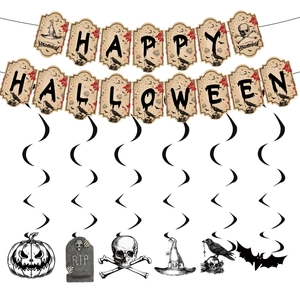 Retro handgetekende Halloween slingers en spiraal decoraties met schedel en pompoen motieven