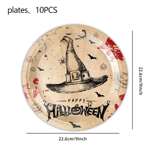 Detail van 9-inch Halloween papieren borden met heksenhoed en rode bloedspatpatronen