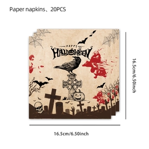 Detail van 20 vintage Halloween-servetten met raaf, pompoen en RIP-grafsteenmotief