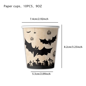 Gedetailleerde afmetingen voor 9oz Halloween bekers met silhouetten van vleermuizen en pompoenen