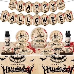 Halloween Partyservies Kraftkarton Borden Bekers Servetten Banner Schedel Griezelig Thema Verjaardag Decoratie Benodigdheden