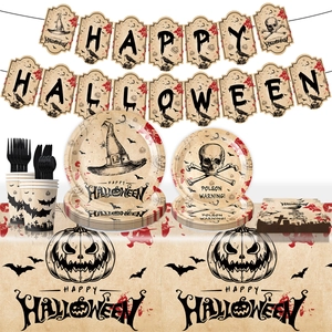Halloween servies set met spook borden, pompoen tafelkleed en enge servetten voor feesten