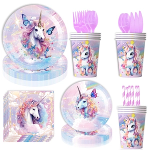Kit de vaisselle jetable licorne violette avec assiettes, gobelets et couverts