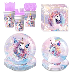 Vaisselle de Fête Anniversaire Licorne Violette Onirique Assiettes en Papier Jetables Serviettes Nappe Couverts en Plastique