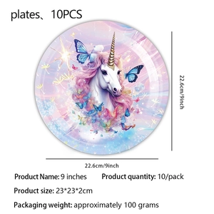 Détail des assiettes de fête licorne violette de 9 pouces avec papillons et pack de 10