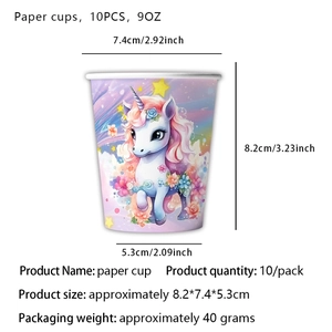 Spécifications de taille pour 10 gobelets jetables de 9oz sur le thème de la licorne