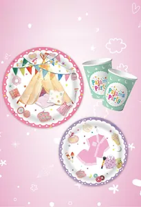 Pink pajama party disposable tableware set with tent and sleepwear designs on paper plates