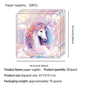 Détails des serviettes en papier licorne violette avec dimensions pour fête