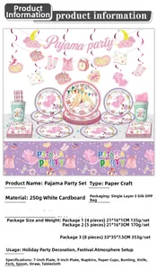 Pink and purple pajama party disposable tableware set including plates and banner
