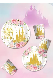 Detail of fairytale castle party paper plates and cups with Once Upon a Time gold text