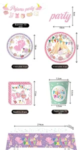 Detailed view of pink pajama party tableware set with specific sizes for plates and cups