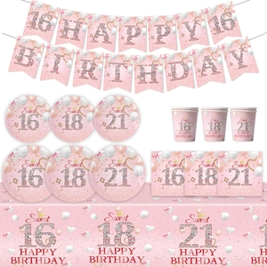 Pink Sweet 16 18 21 Birthday Party Tableware Set Disposable Paper Plates Cups Napkins Tablecloth Banner For Girls Women Celebration Birthday Party Decorations