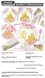 Detailed view of pink princess castle party supplies with paper plates and cutlery