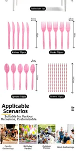 Pink pajama party disposable tableware set with tablecloth, straws, and plastic cutlery