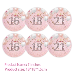 7-inch pink glitter Sweet 16, 18, 21 birthday party paper plates with crown design