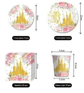 Detailed size specifications for pink fairy tale castle theme party paper tableware set