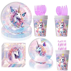 Kit de fête licorne violette avec assiettes jetables serviettes et couverts assortis
