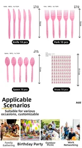 Pink disposable plastic cutlery set including knives, forks, spoons, and paper straws