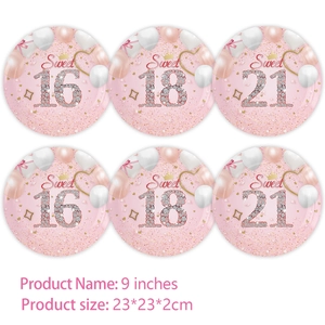 Pink glitter Sweet 16, 18, 21 birthday party paper plates set with balloon designs