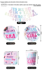 Detailed view of Taylor Swift inspired music party plates, cups and banner set