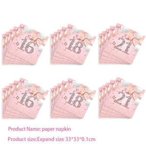 Pink birthday napkins featuring Sweet 16, 18, and 21 designs with elegant crowns and balloons