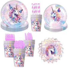 Kit de fête licorne violette avec assiettes jetables serviettes et décoration de fête