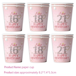 Pink paper cups with Sweet 16, 18, and 21 designs for girls birthday party tableware