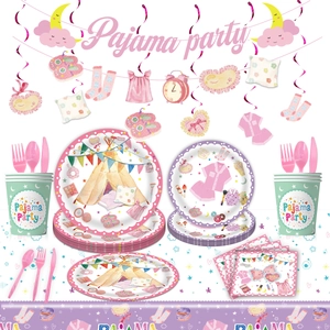 Pink Pajama Party Decoration Disposable Paper Plates Cups Napkins Banner Tablecloth For Girls Sleepover Birthday Supplies
