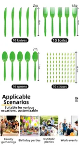 Detailed size specifications for lime green disposable cutlery and striped paper straws