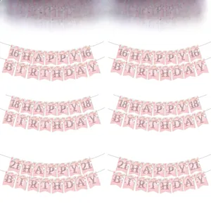 Pink and rose gold birthday party banner set with 16, 18, and 21 age options