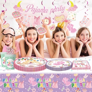 Pink Pajama Party decorations set with banner, disposable tableware and pajama theme items