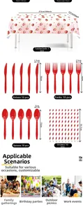 Kit fête fraise avec nappe rose, couverts rouges et pailles rayées pour anniversaire