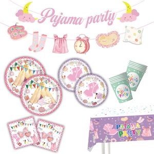 Pink Pajama Party decorations set including banners, plates, napkins and tablecloth