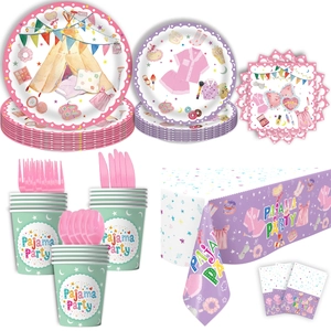 Pink Pajama Party decorations set with disposable plates, napkins and themed banner