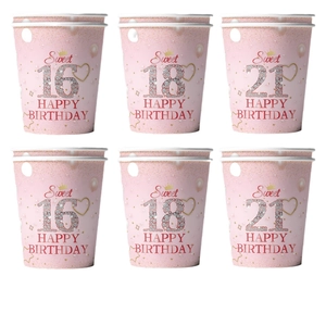 Pink birthday disposable paper cups with gold crown design for 16th 18th 21st party