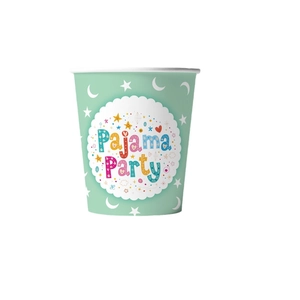 Pink Pajama Party paper cups with mint green finish and starry night moon decoration