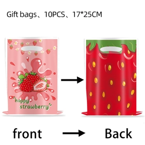 Front and back detail of strawberry print PE gift bags, set of 10 pieces, 17x25cm size