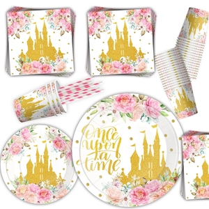Pink princess castle party tableware set with floral prints and gold foil accents
