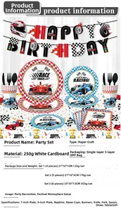 Set per festa di compleanno tema corse con piatti di carta e striscione di auguri