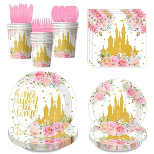 Pink fairy tale princess castle party tableware set with plates cups and napkins