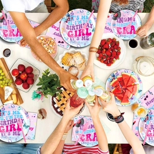 Taylor themed birthday party tableware set with disco ball plates and pink napkins